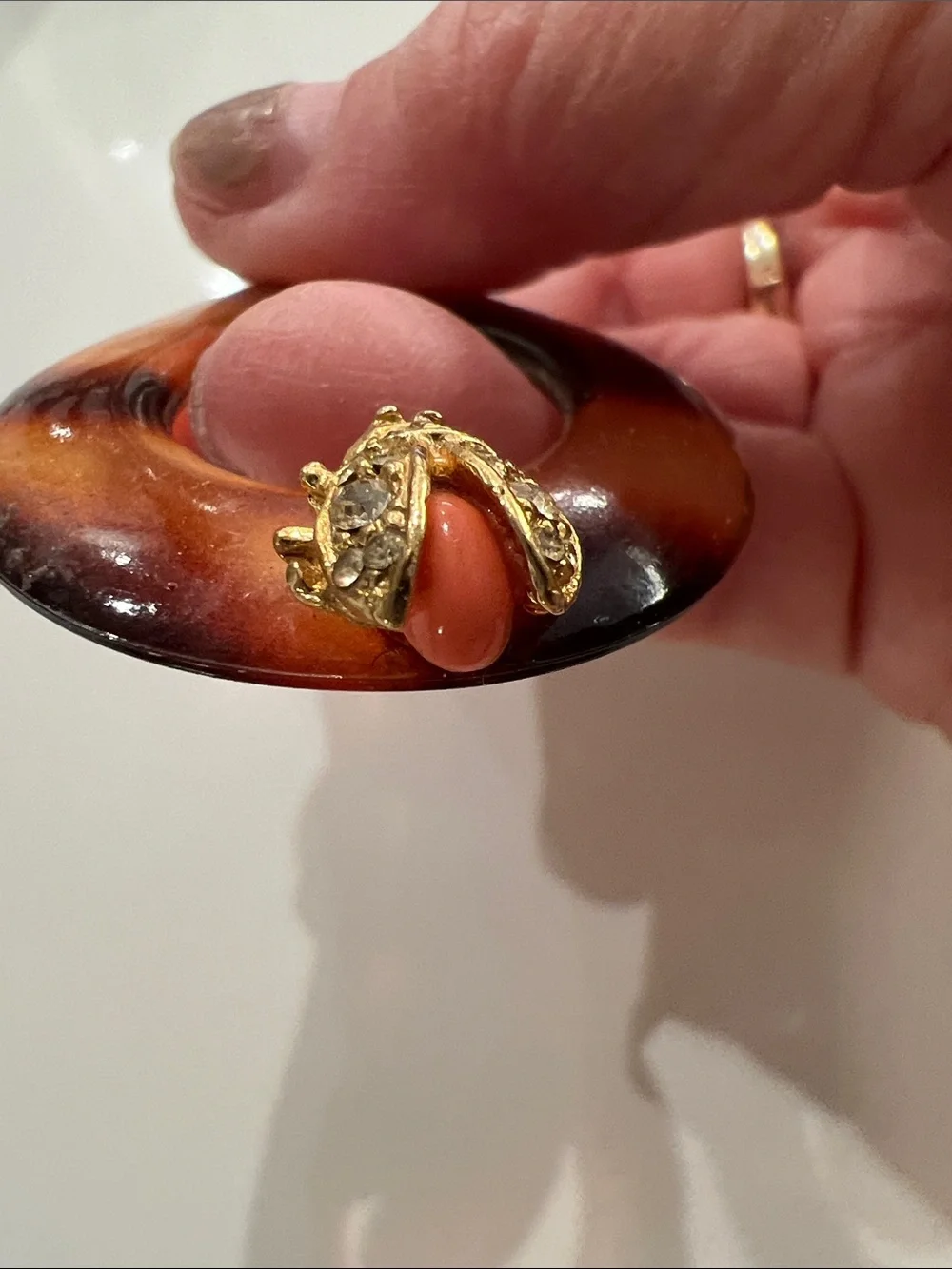 Tortoiseshell-Style Hair Fork w/ Gold-Coral-Diamond -style Ladybug Accent France